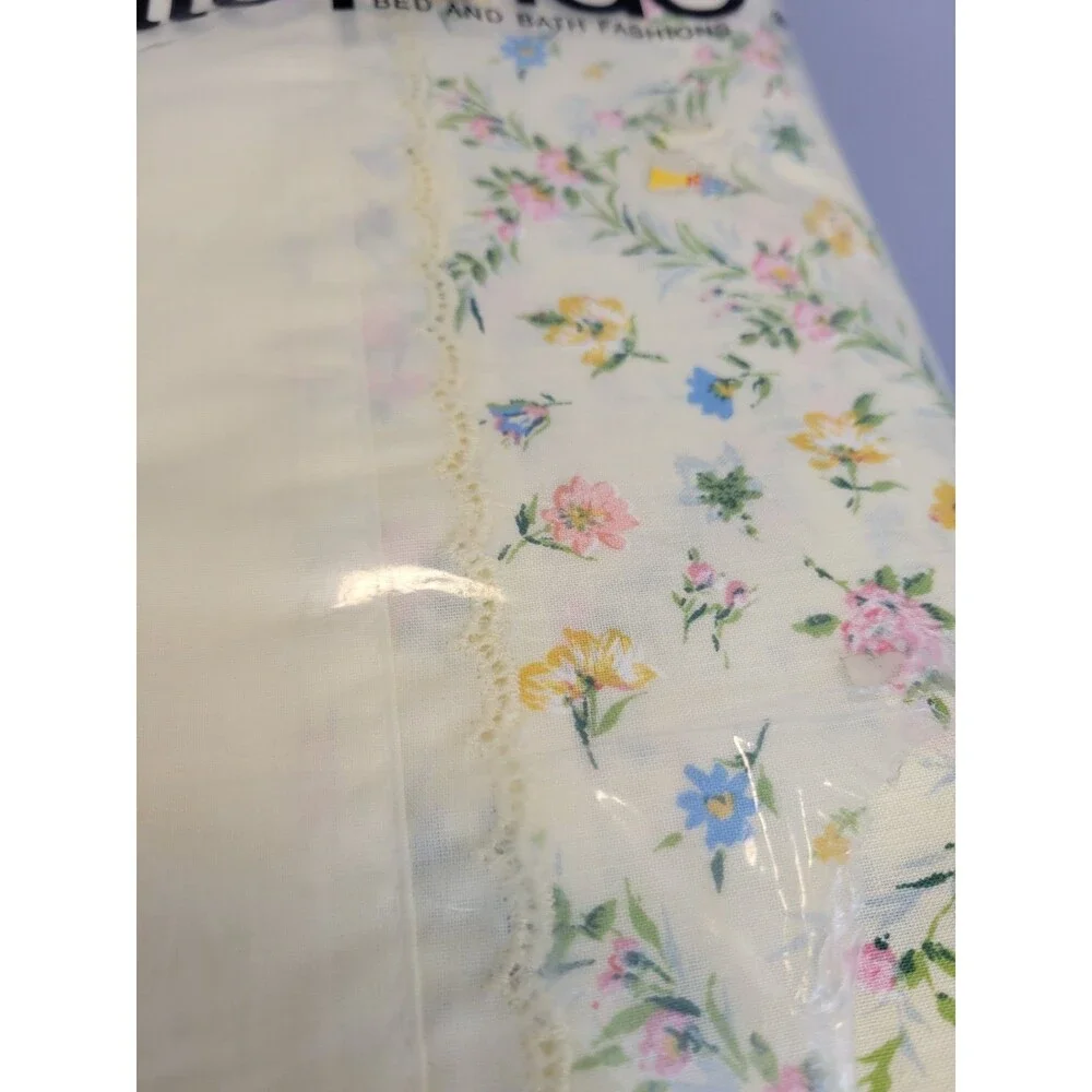 Vtg NOS Statepride Twin Flat Bed Sheet Floral Yellow Pink Scalloped Edge 70s